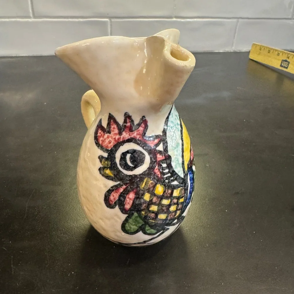Hand Painted Ceramic Rooster Pitcher Small Cream Multi Color Vintage Folk Art